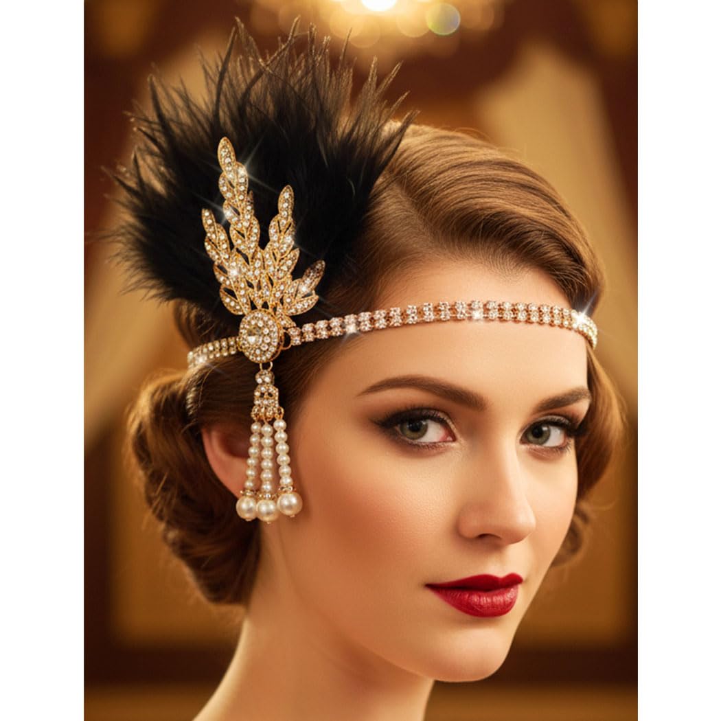 Aukmla front view headband showing black feathers and gold leaves for vintage glamour