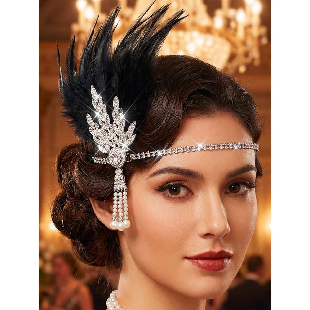 Aukmla front view headdress showing Art Deco leaf and feather elegance and instant glamour