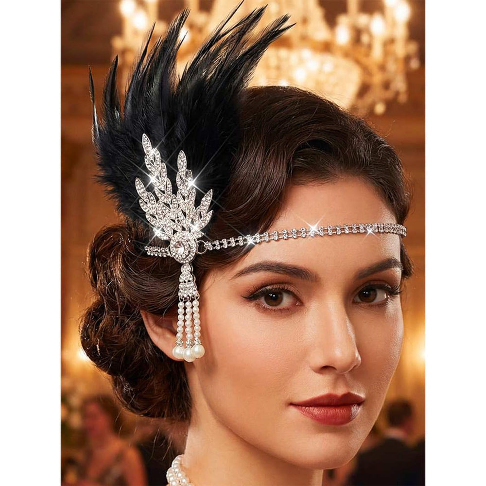 Aukmla front view headdress showing Art Deco leaf and feather elegance and instant glamour