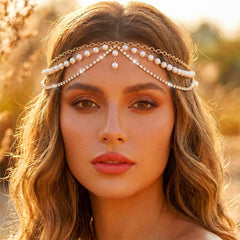 Aukmla gold headpiece front view showing layered pearls and rhinestones for elegance