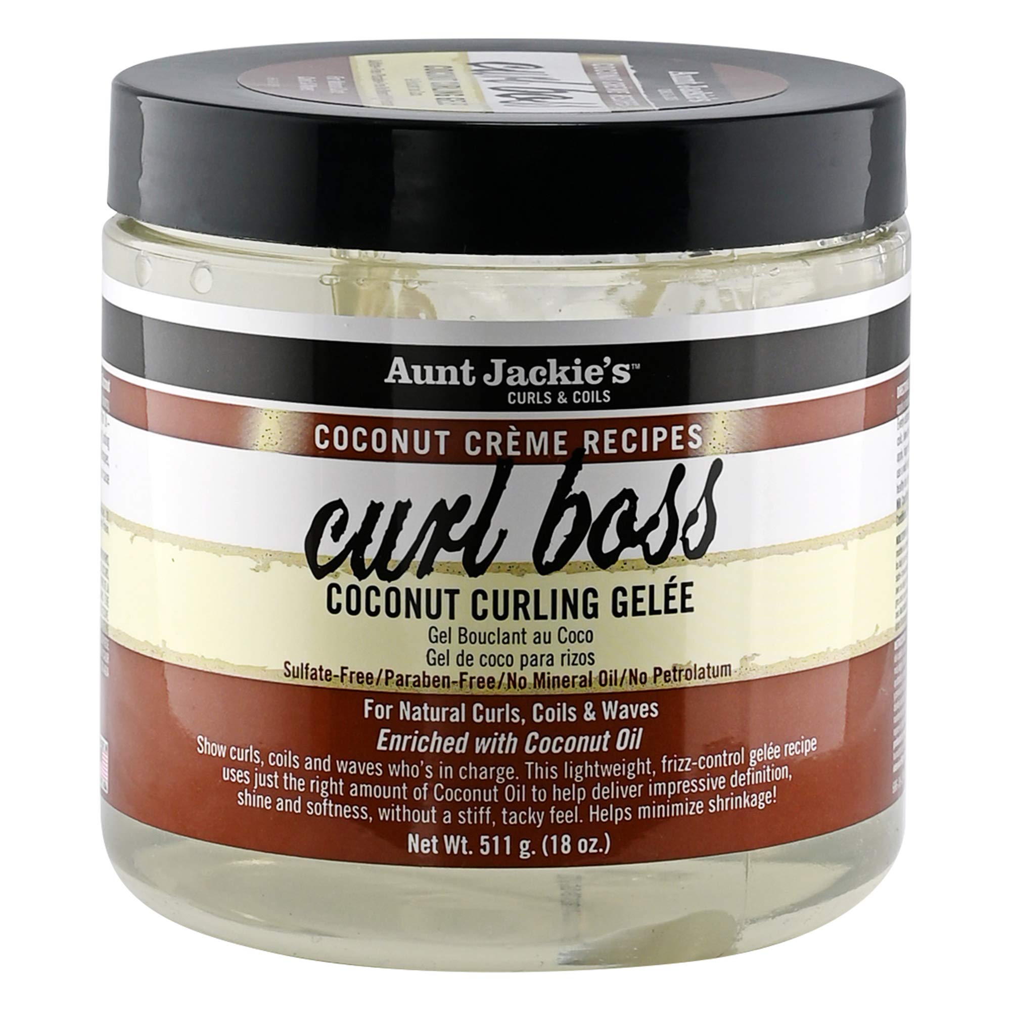 Aunt Jackie's jar front packaging showing label and 18 oz size for defined shiny curls