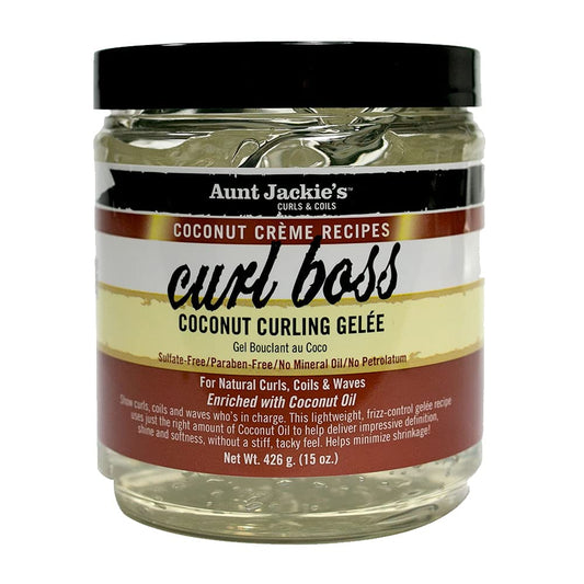 Aunt Jackie's front jar showing label and 15 oz size, highlights easy grip and clear instructions
