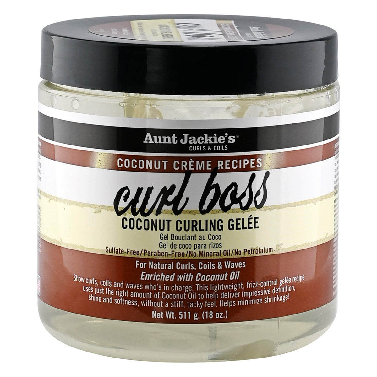 Aunt Jackie's jar front packaging showing label and 18 oz size for defined shiny curls