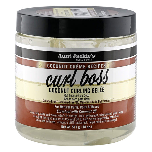 Aunt Jackie's jar front packaging showing label and 18 oz size for defined shiny curls