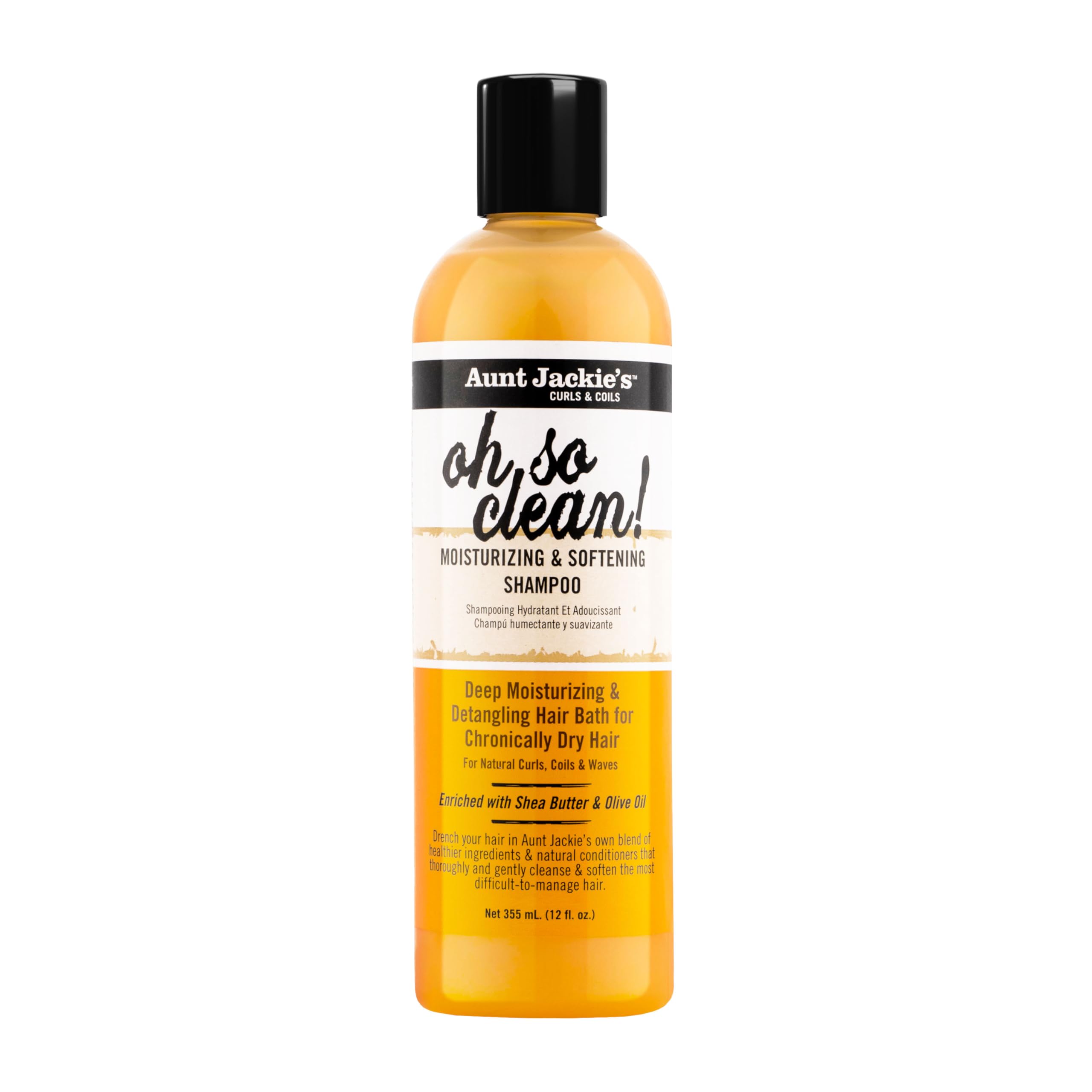Aunt Jackie's front bottle view showing clean curl-focused packaging and softening benefit