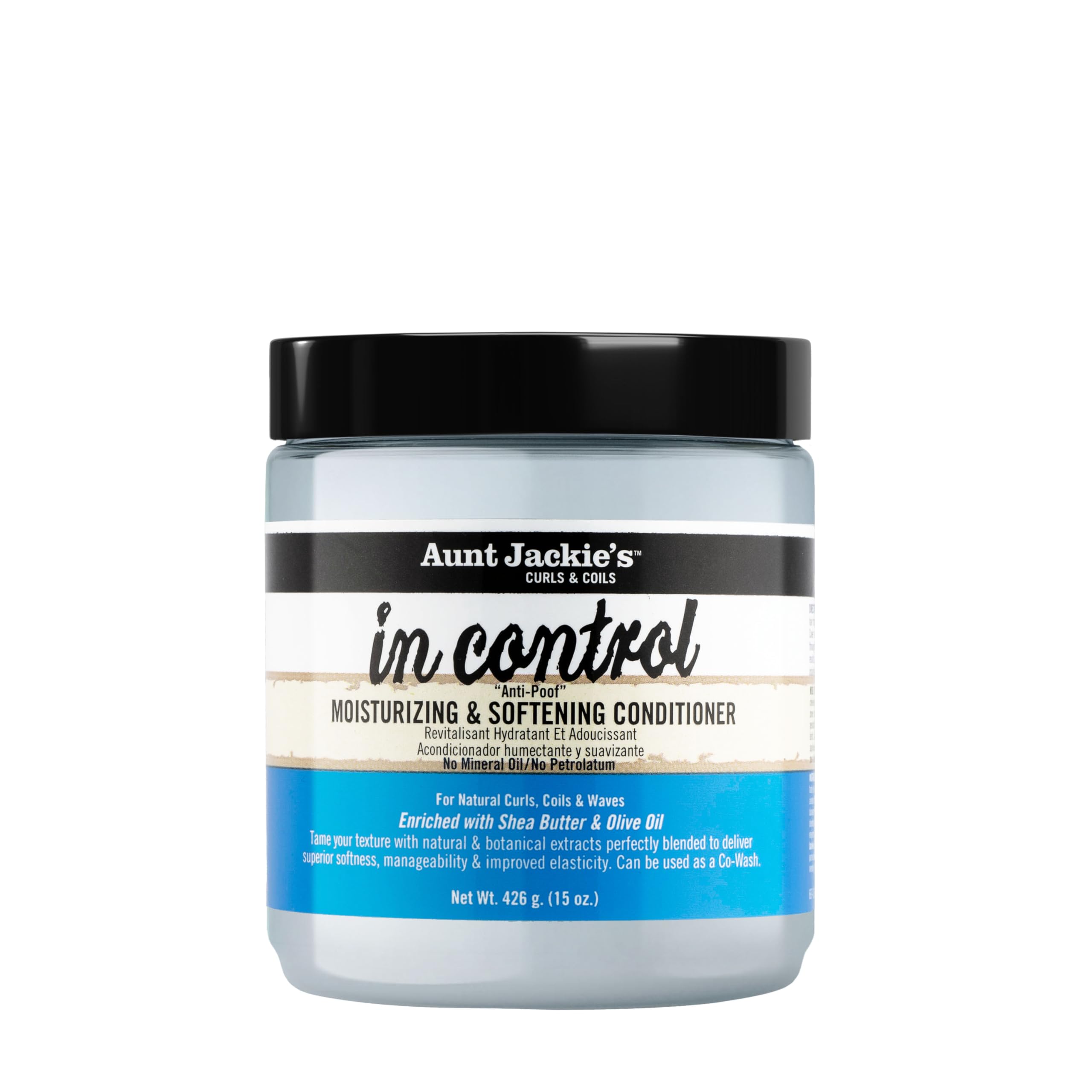Aunt Jackie's front bottle view showing 15oz control and anti-poof benefit