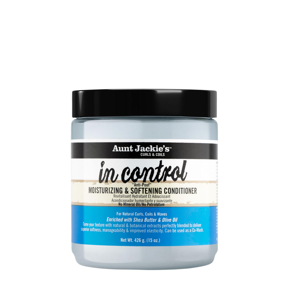 Aunt Jackie's front bottle view showing 15oz control and anti-poof benefit