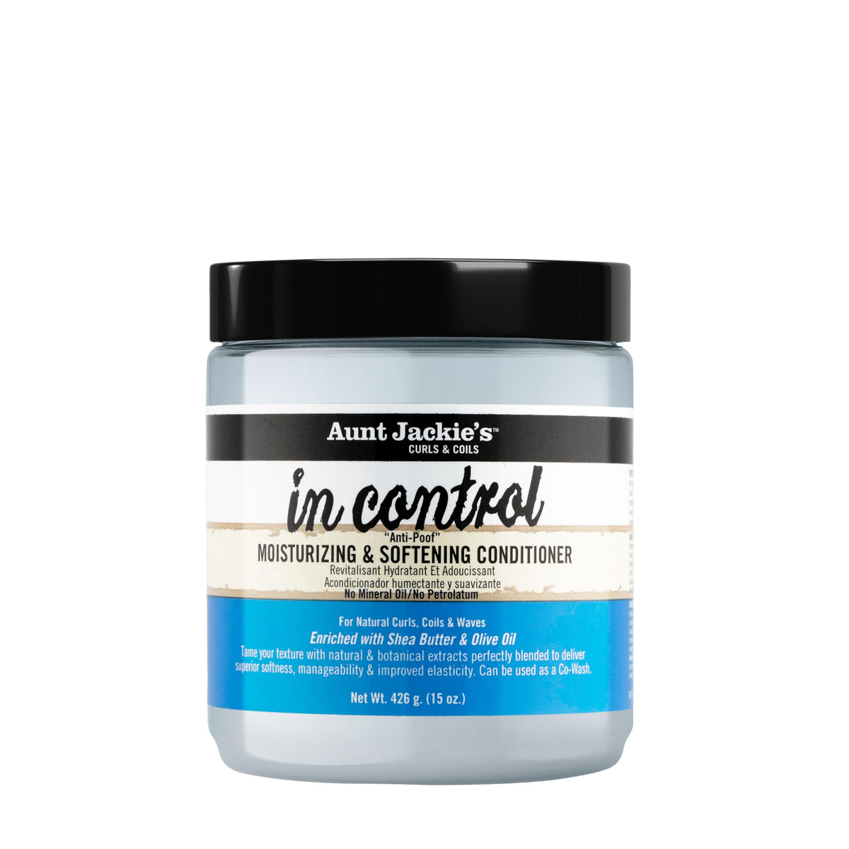 Aunt Jackie's front bottle view showing 15oz control and anti-poof benefit
