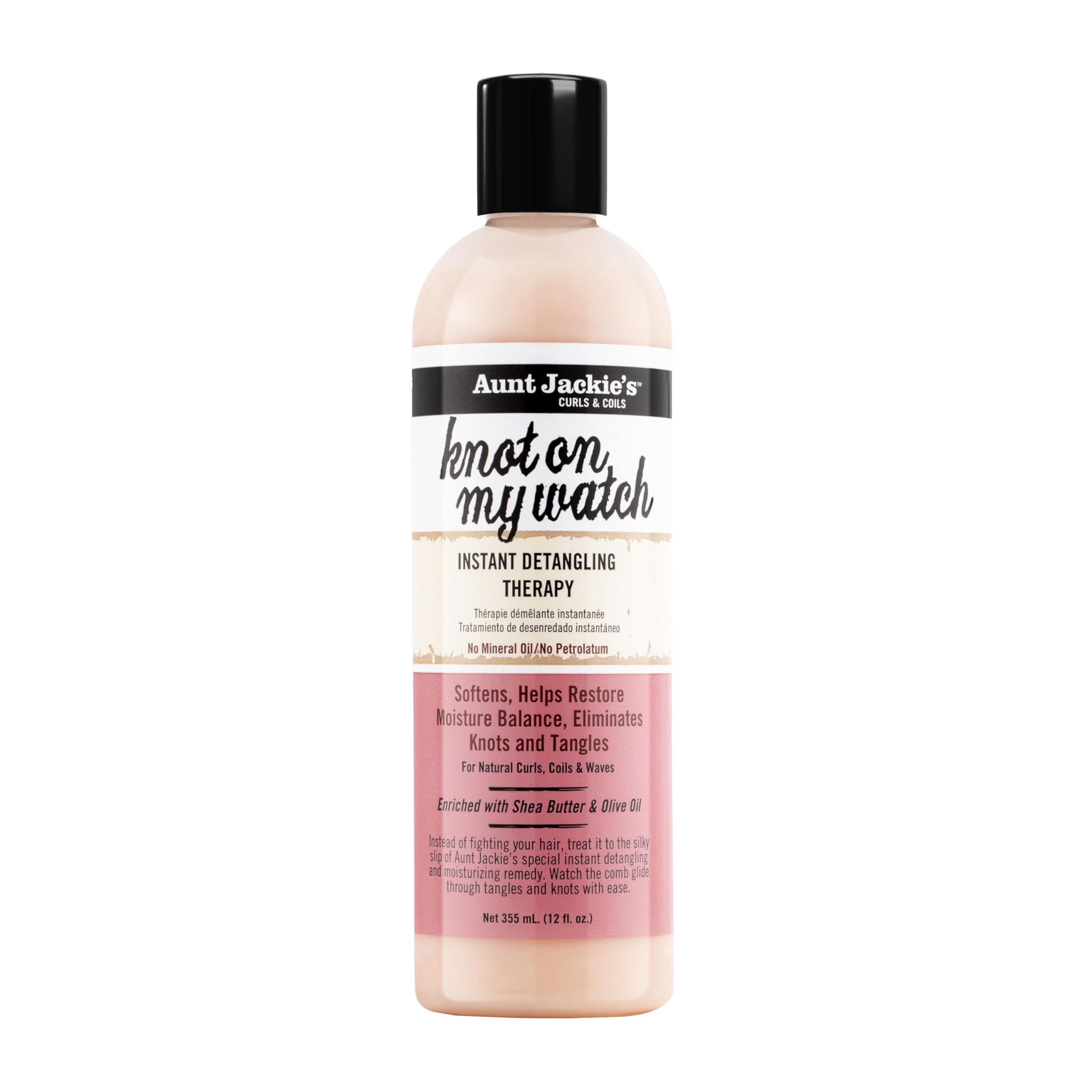 Aunt Jackie's front bottle shot showing 12 oz detangler and benefits