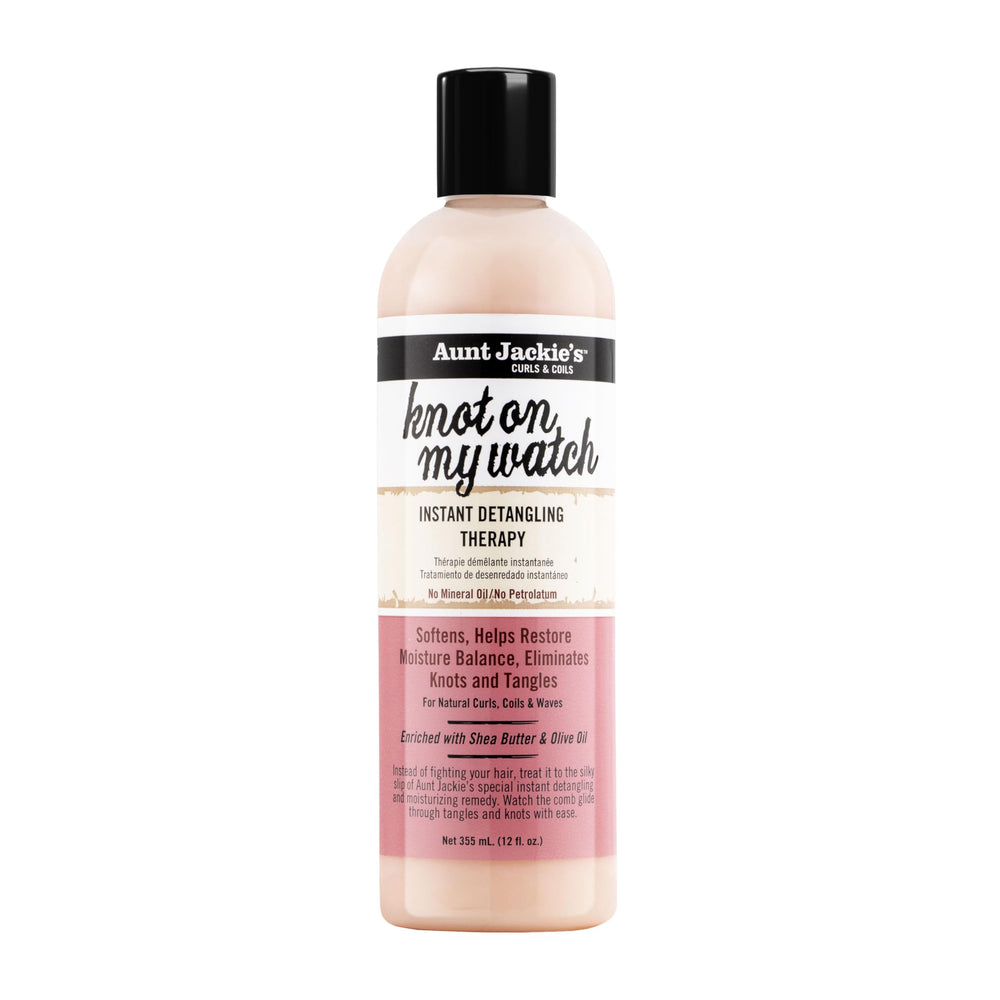 Aunt Jackie's front bottle shot showing 12 oz detangler and benefits