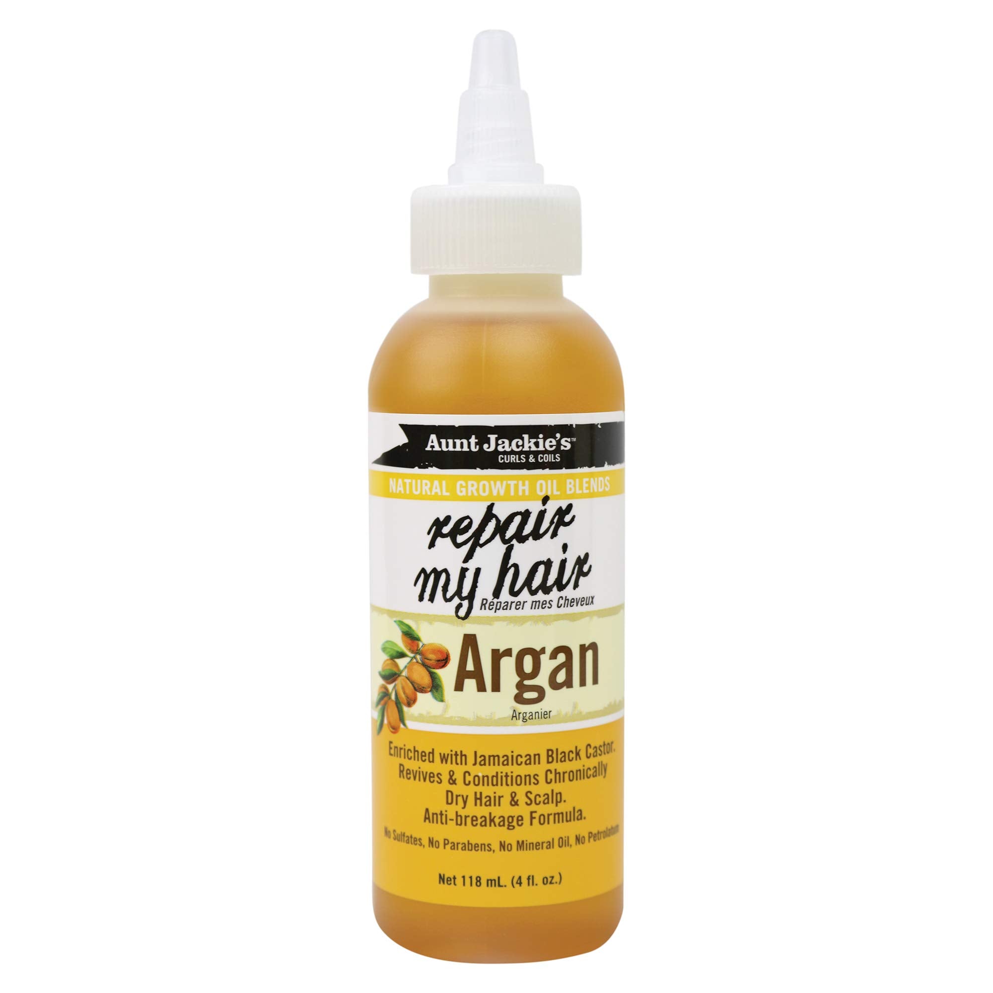 Aunt Jackie's bottle front view showing label and moisturizing repair benefits
