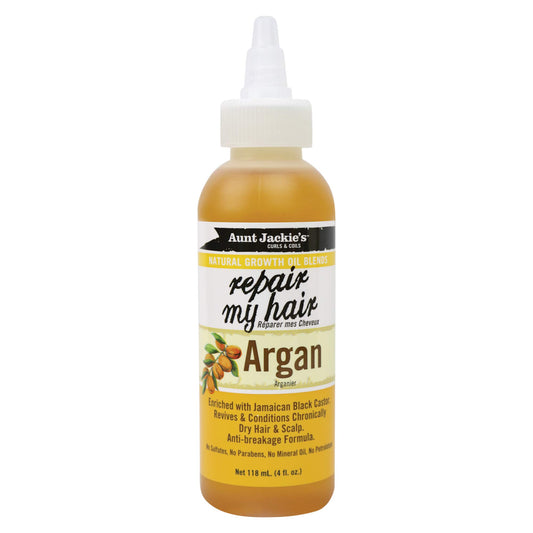 Aunt Jackie's bottle front view showing label and moisturizing repair benefits
