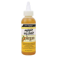 Aunt Jackie's bottle front view showing label and moisturizing repair benefits