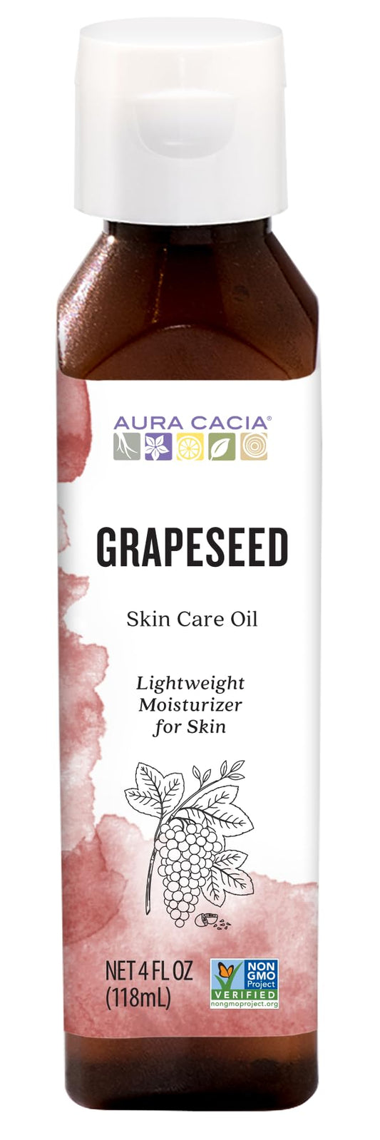 aura cacia grapeseed front packaging showing bottle and cap, clear product presentation benefit