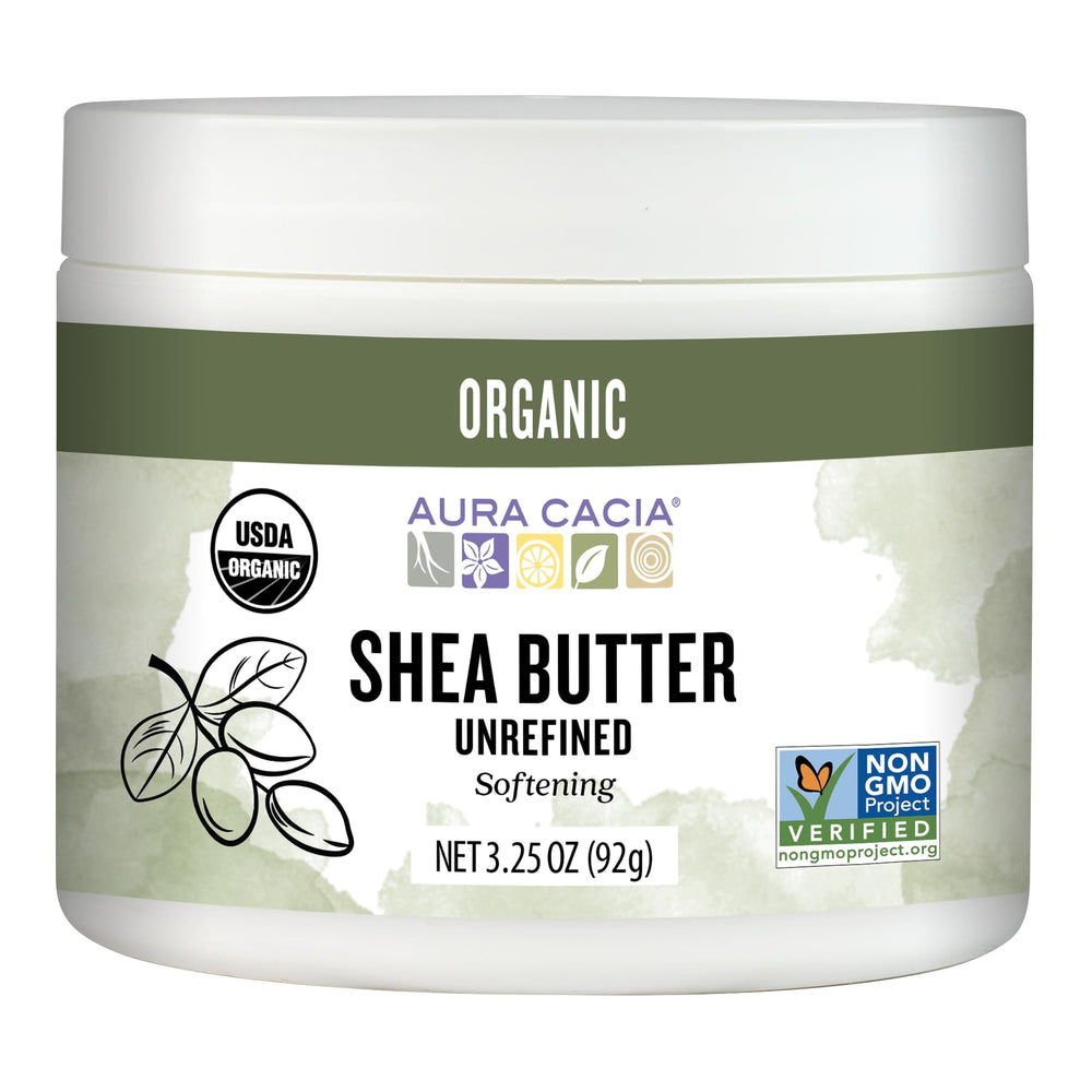 Aura Cacia front jar view showing organic label and travel-friendly size benefit