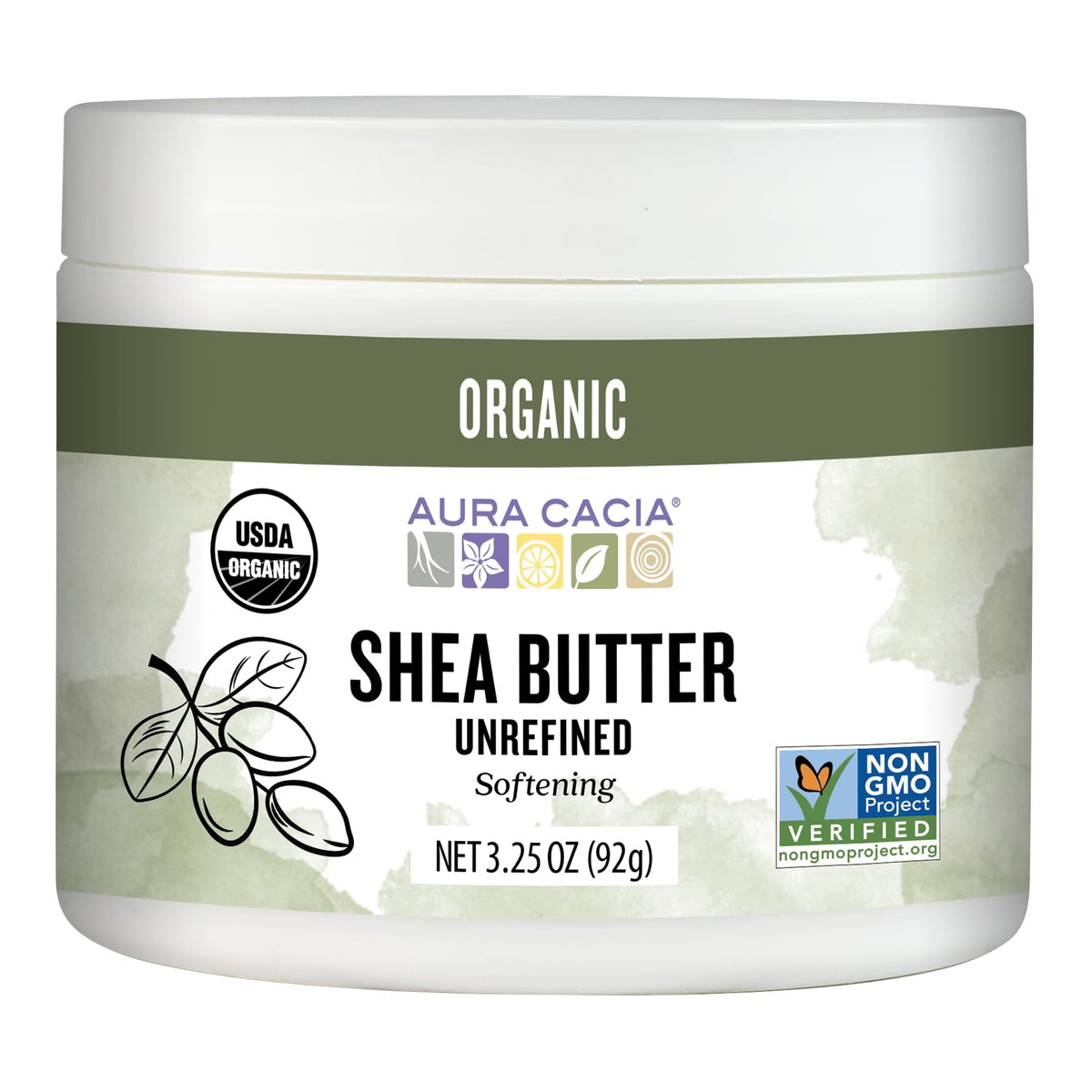 Aura Cacia front jar view showing organic label and travel-friendly size benefit