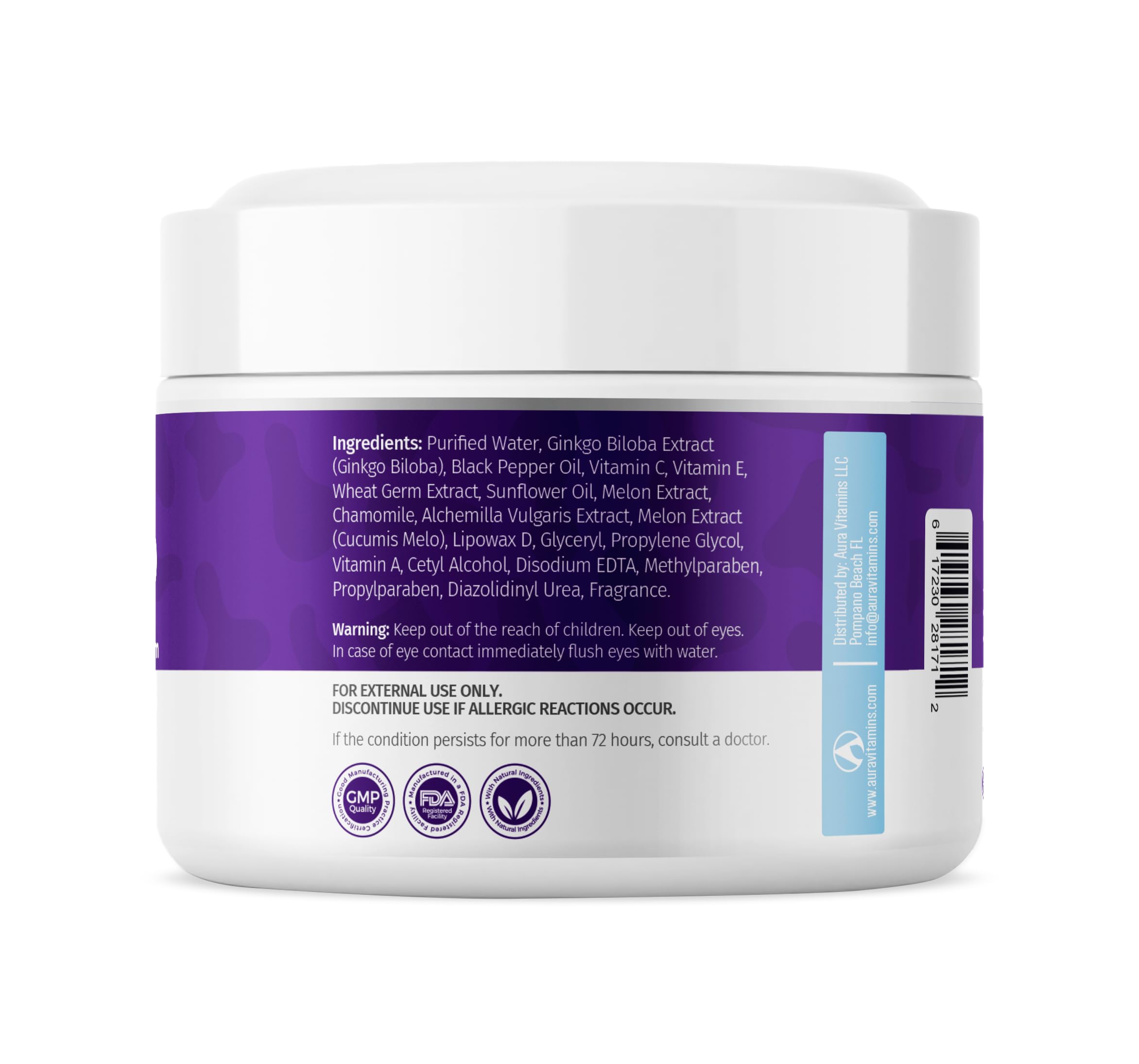 AURA VITAMINS jar on bathroom shelf staged in a routine setting showing lifestyle compatibility benefit