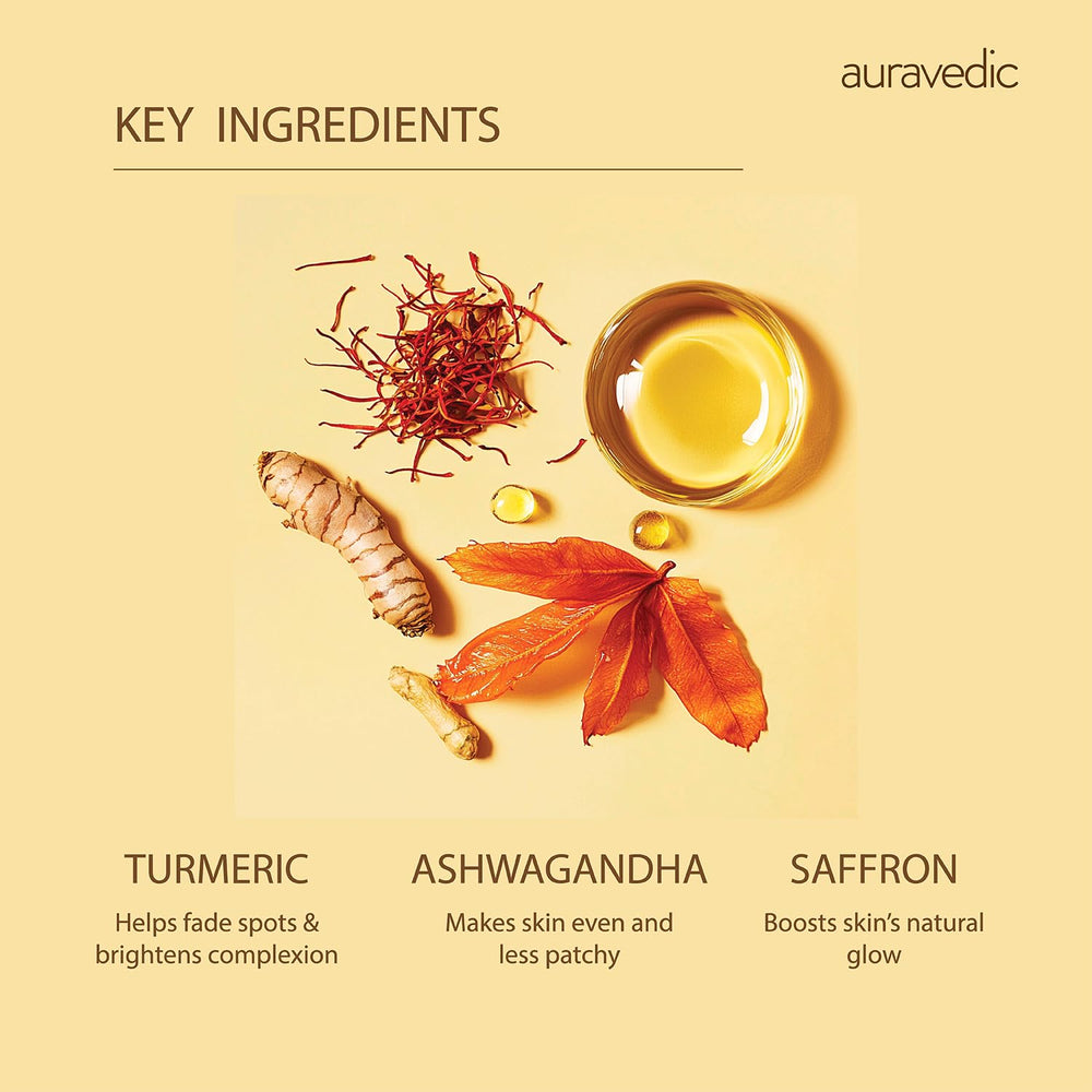 Auravedic label close-up listing turmeric saffron ashwagandha ingredients and benefits