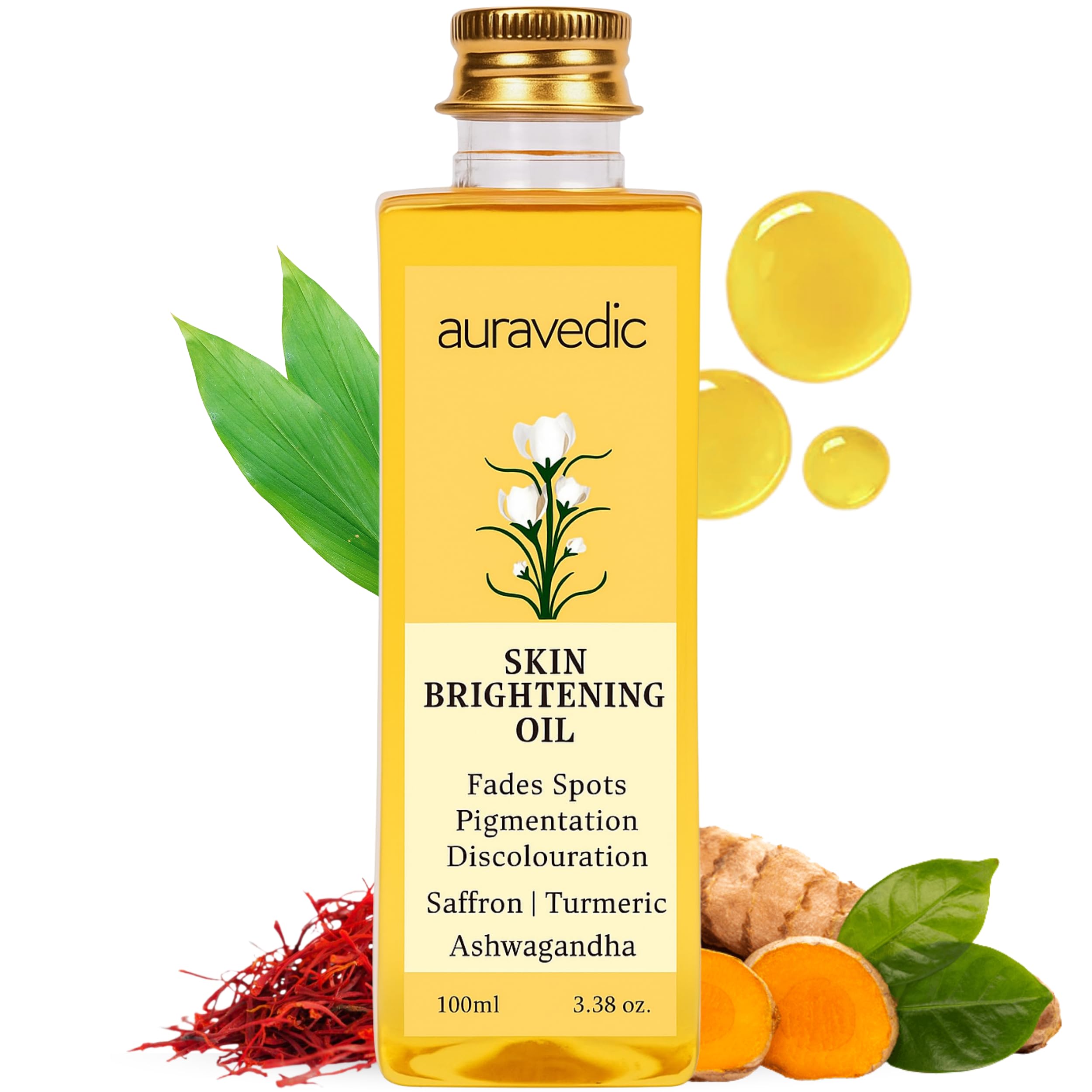 Auravedic front bottle showing product packaging and clear branding benefits glow