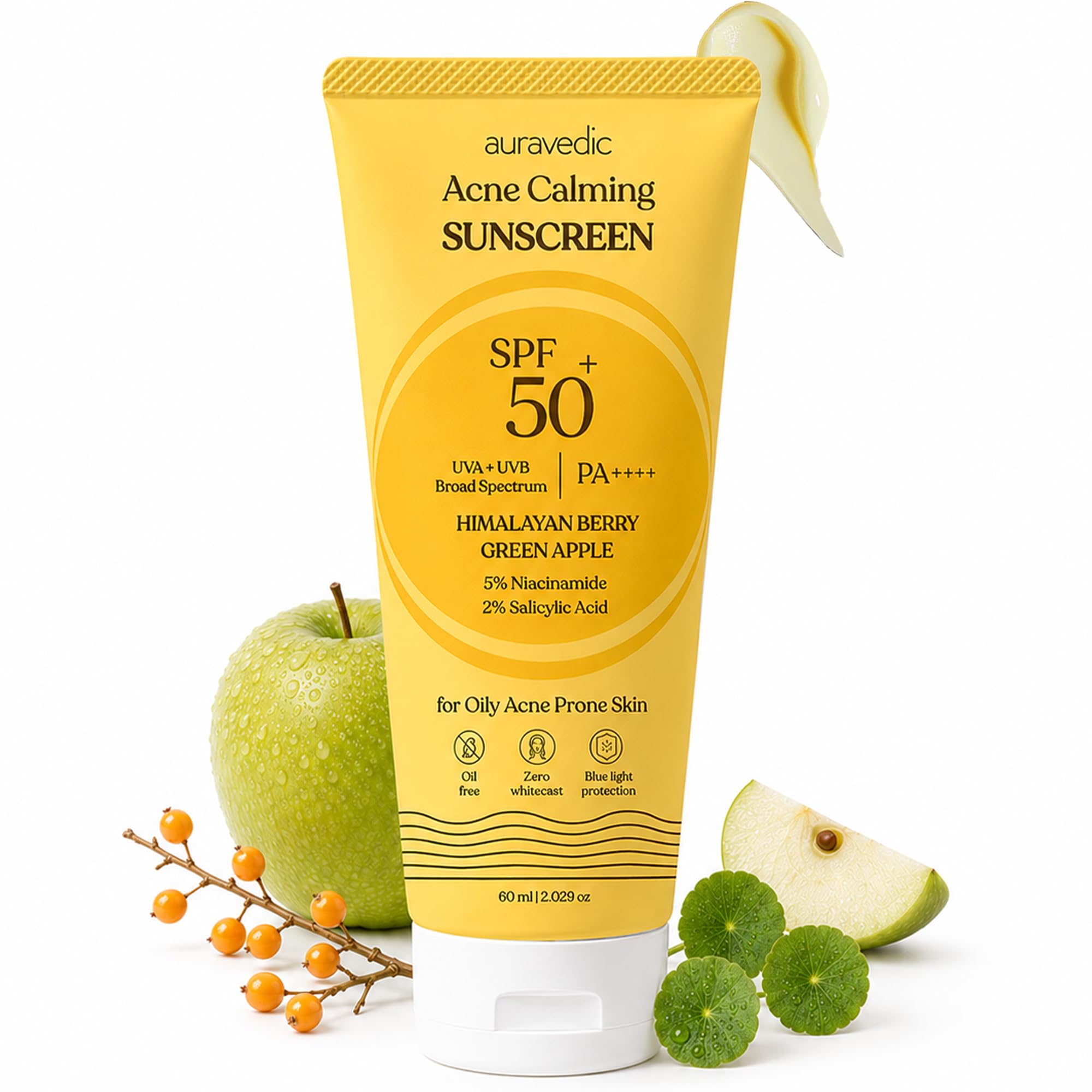 Auravedic front packaging showing SPF 50 and acne-calming benefit