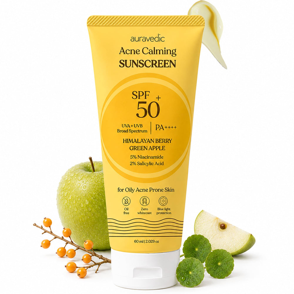 Auravedic front packaging showing SPF 50 and acne-calming benefit