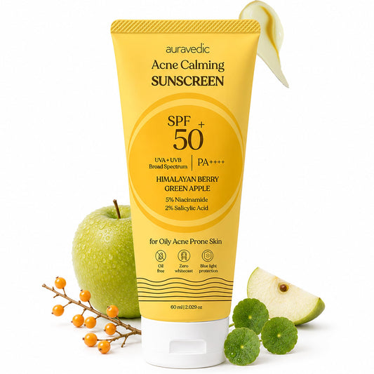 Auravedic front packaging showing SPF 50 and acne-calming benefit