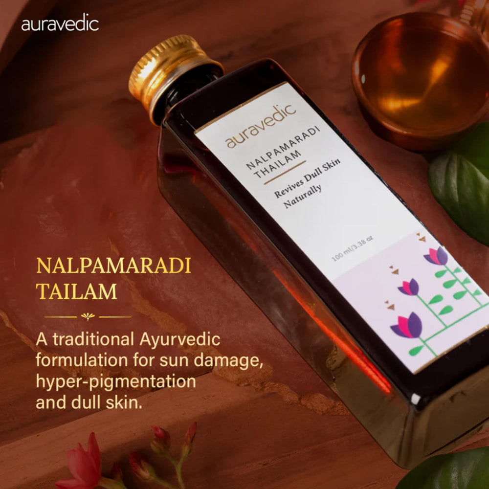 Auravedic ingredients flatlay with herbs showing natural botanical blend benefit
