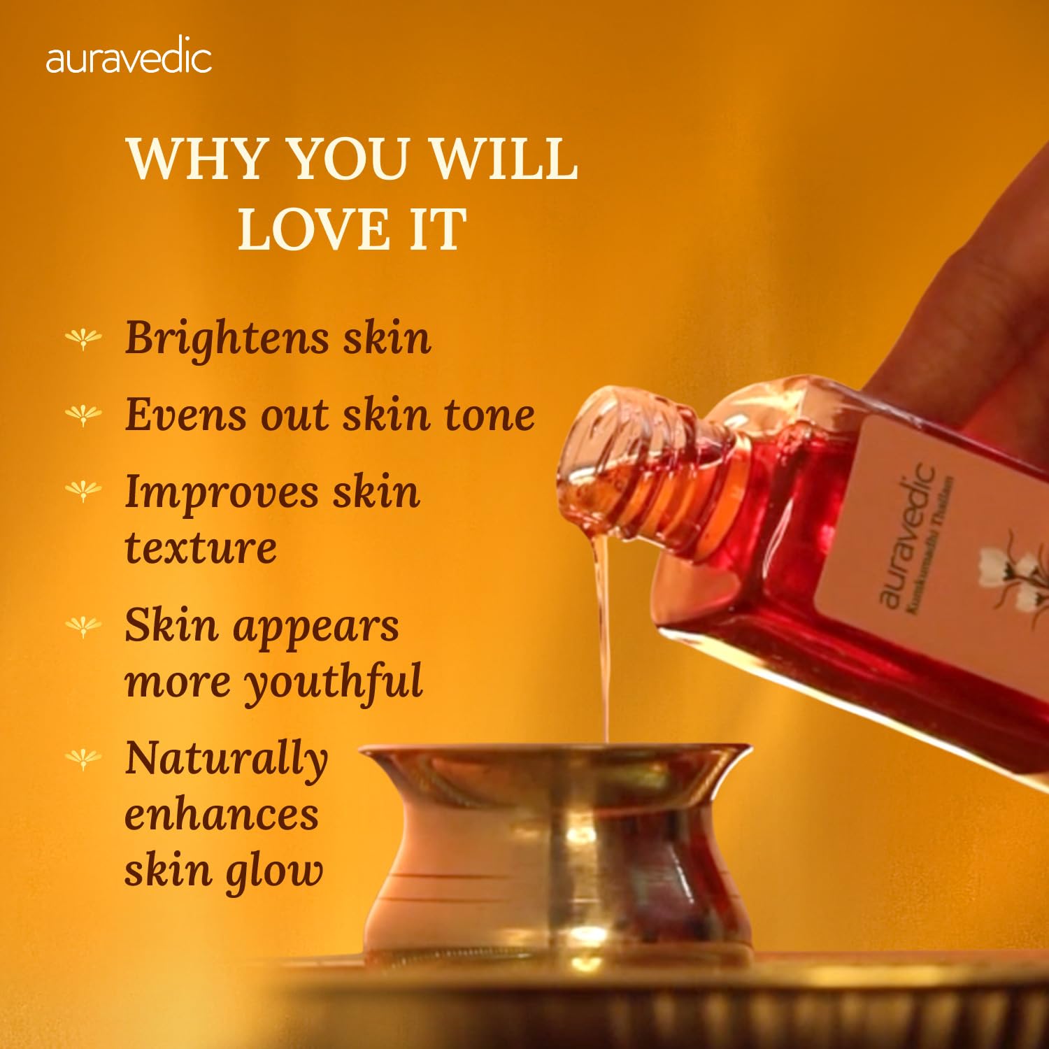 Auravedic oil texture drop on skin demonstrating lightweight absorption benefit