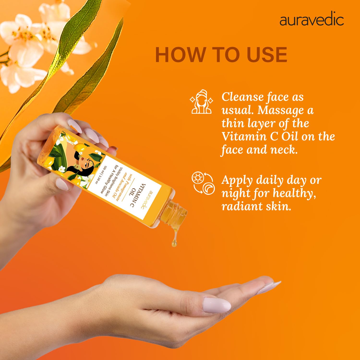 Auravedic bottle held in hand for scale showing 100ml size and travel-friendly benefit