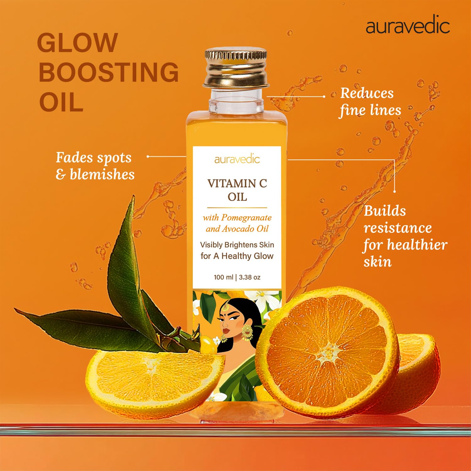 Auravedic oil drop on skin showing lightweight texture and quick absorption benefit