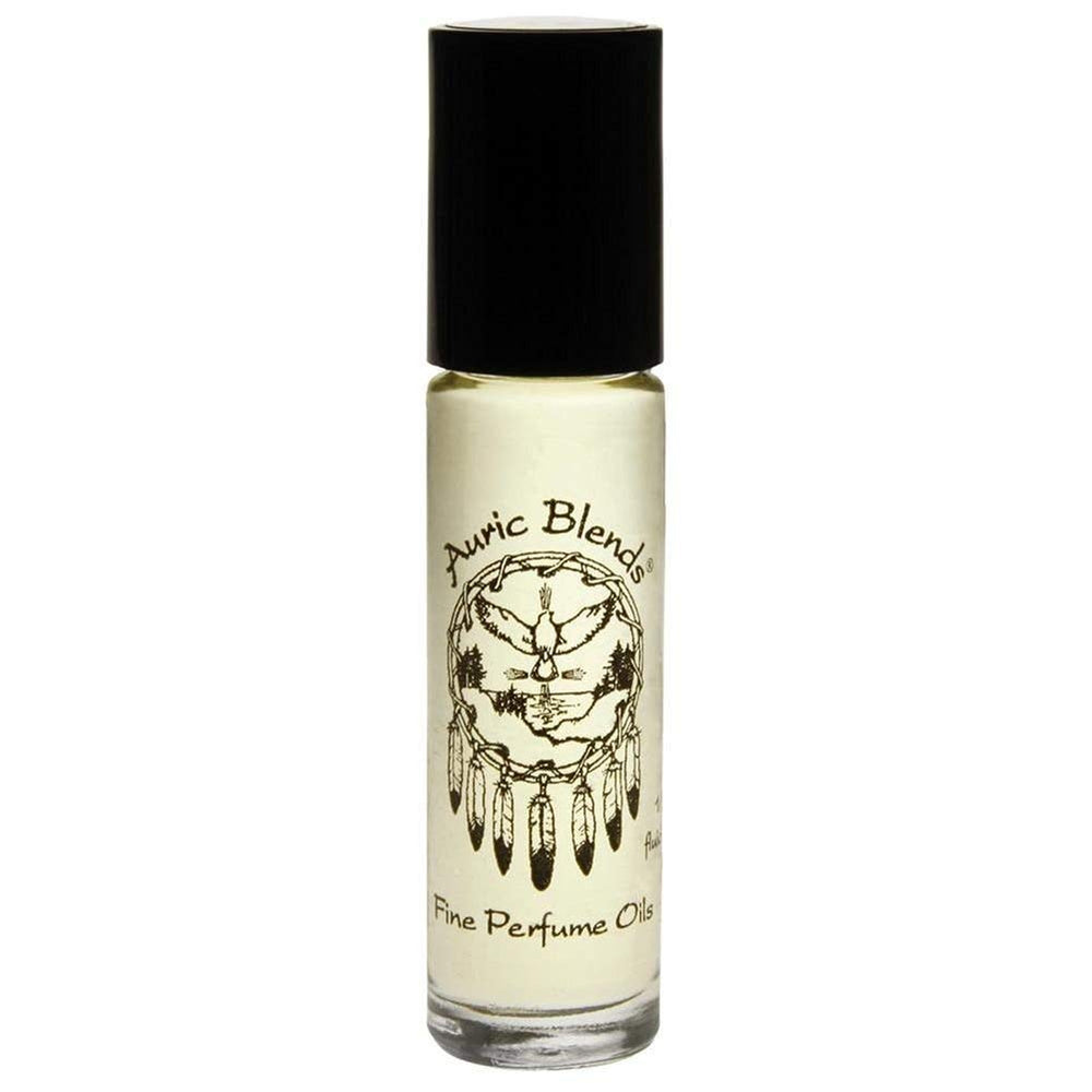 Auric Blends Love perfume oil front bottle close-up showing compact roll-on applicator