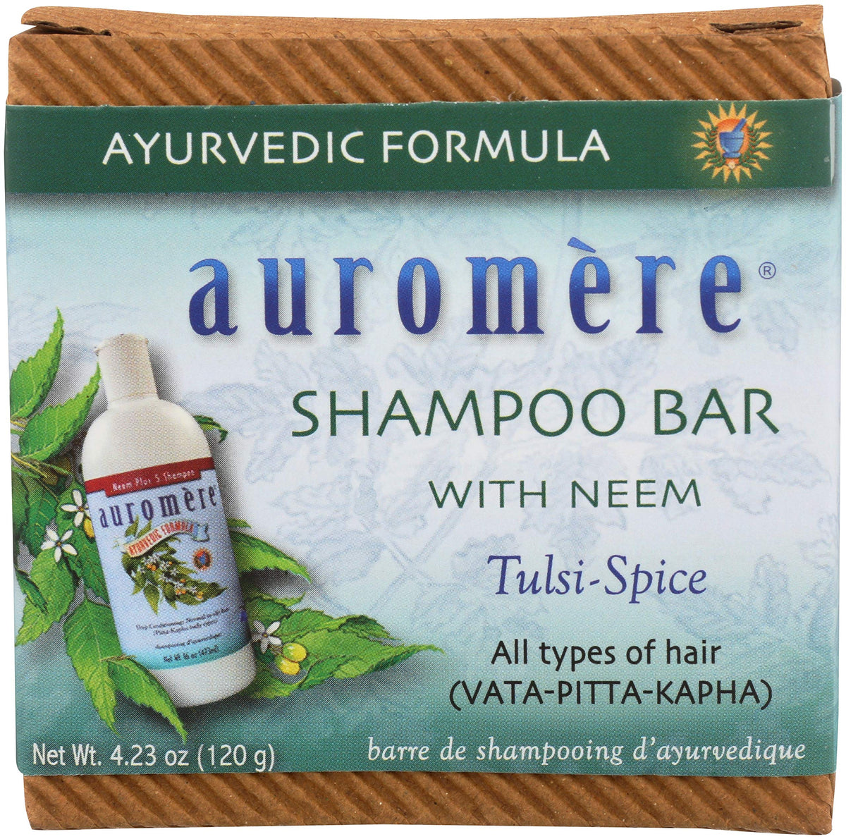 Auromere front packaging showing zero-waste box and product weight benefit