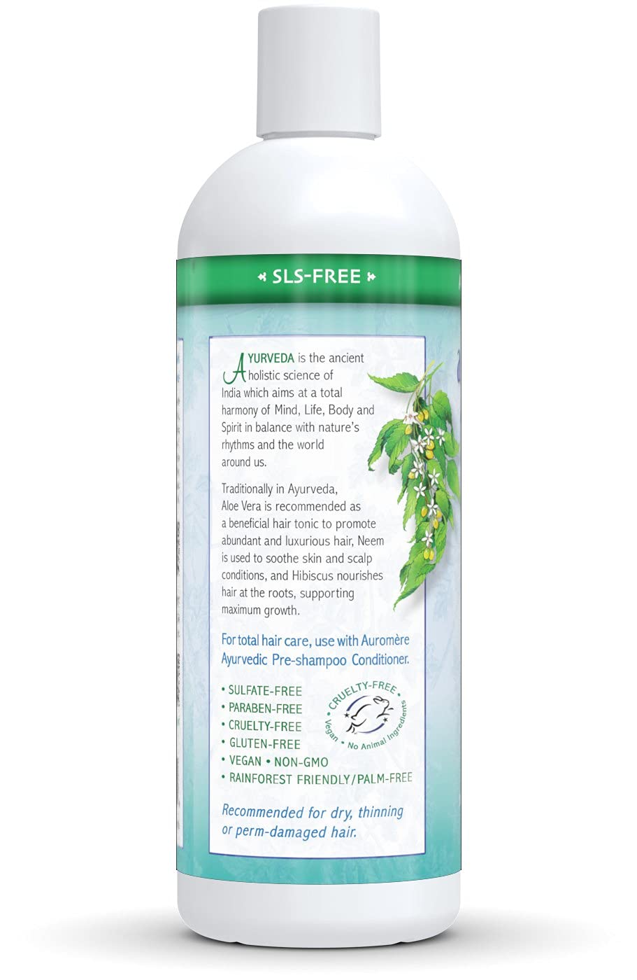 Auromere label close-up listing aloe, neem, and hibiscus benefits