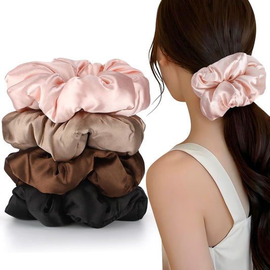 auroray front packaging showing four satin scrunchies and gift box benefits presentation