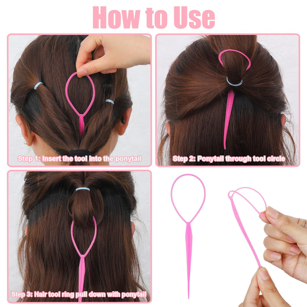 auroray hair loop tool pictured in use pulling a ponytail for quick styling benefit