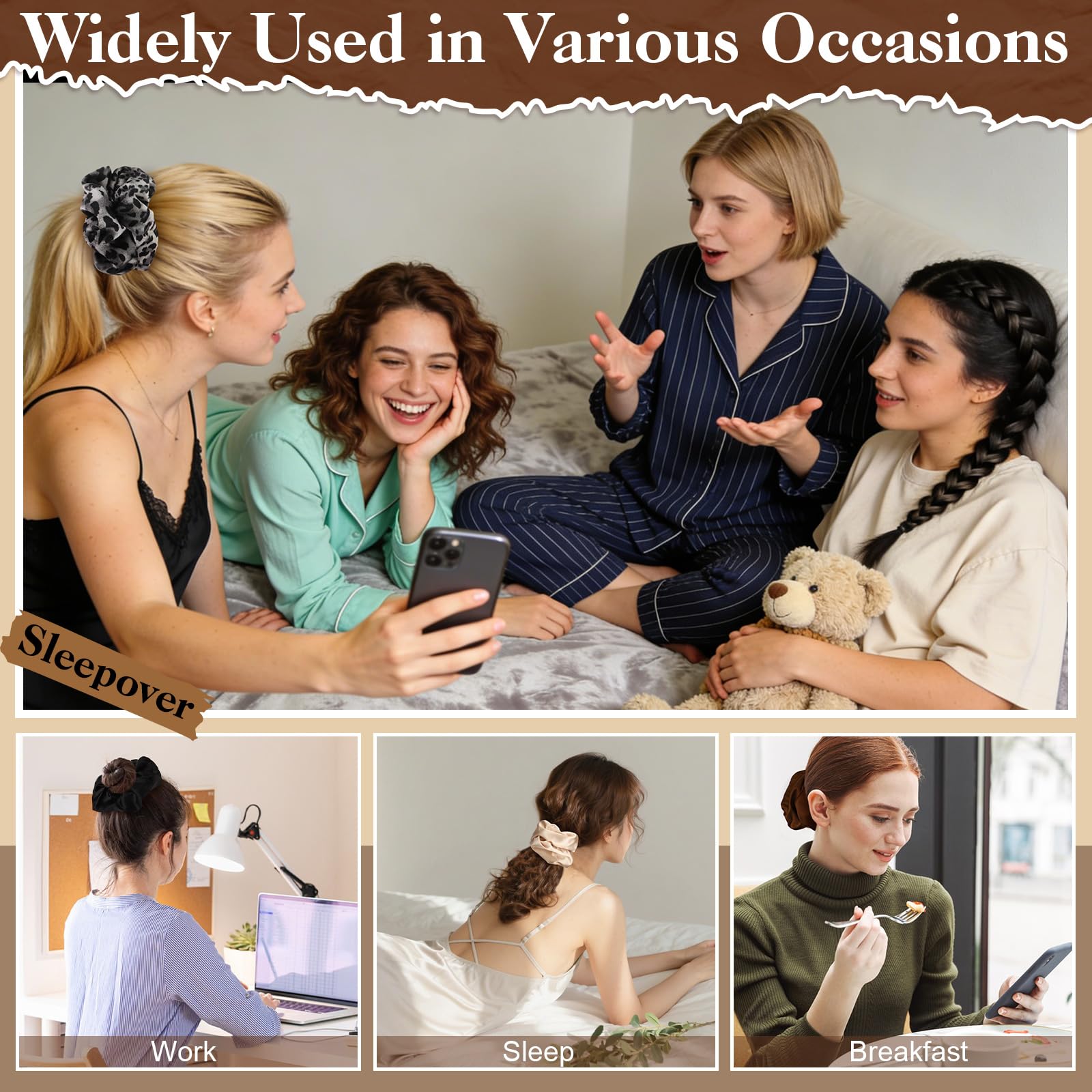 auroray lifestyle shot at mirror styling hair fast with a soft satin scrunchie