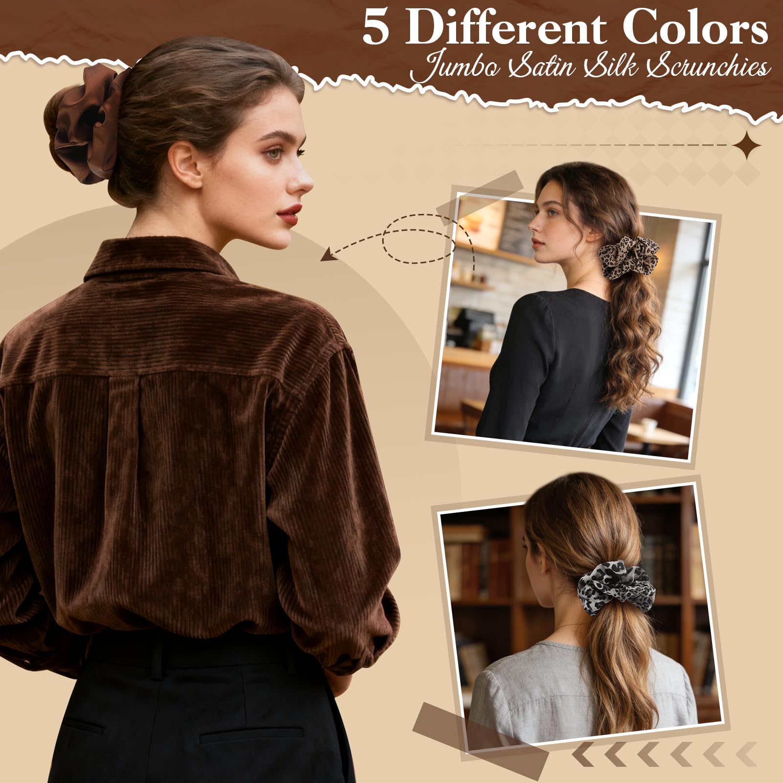 auroray five scrunchies arranged showing color and pattern mix for styling options