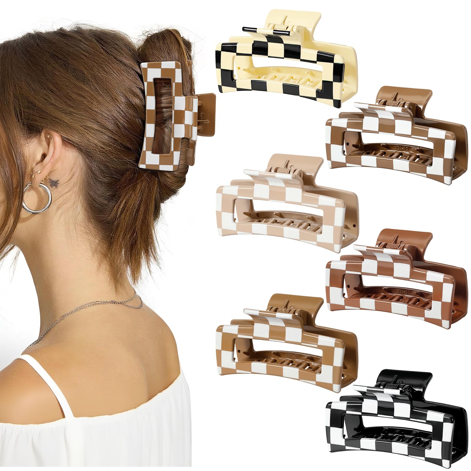 Auseibeely front view of six checkered clips showing pattern variety and styling options