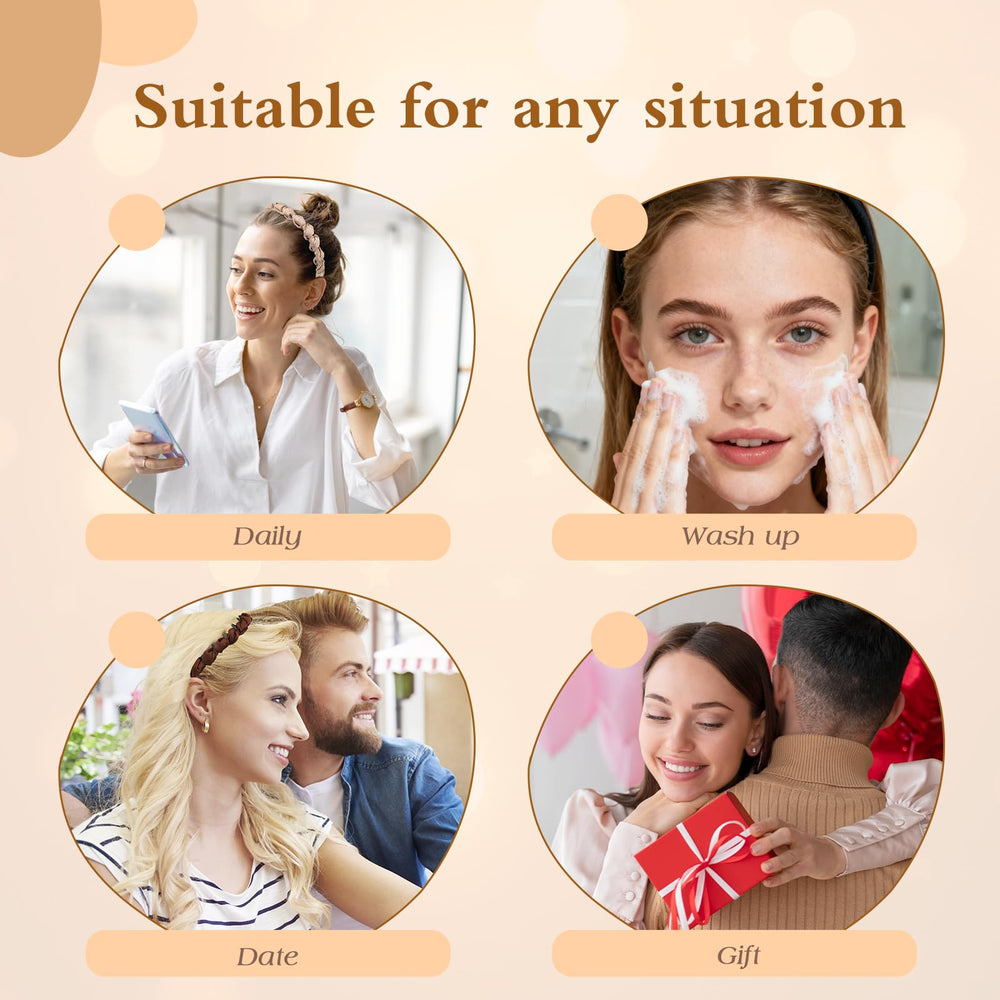 Woman using Auseibeely headband during makeup for tidy, no-pull hair