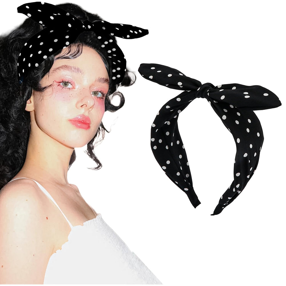 Aushamtai headband front view shows vintage polka dots and bow, adds classic flair