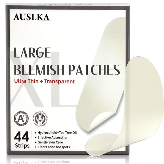 AUSLKA front packaging showing 44 large blemish patch pack and brand benefit