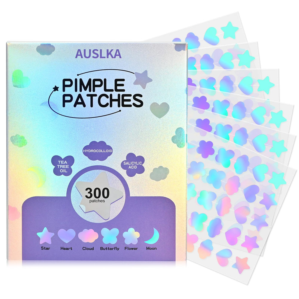 AUSLKA front packaging showing 300-piece blemish patches and playful design benefits