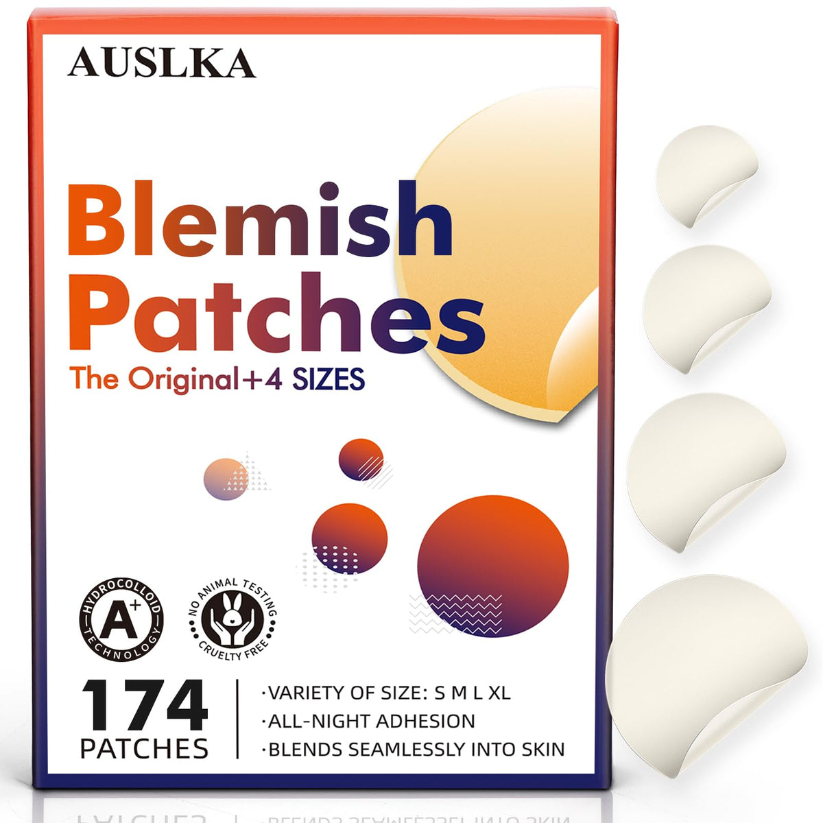 AUSLKA pack front showing 175 hydrocolloid spot dots and branding for convenient use