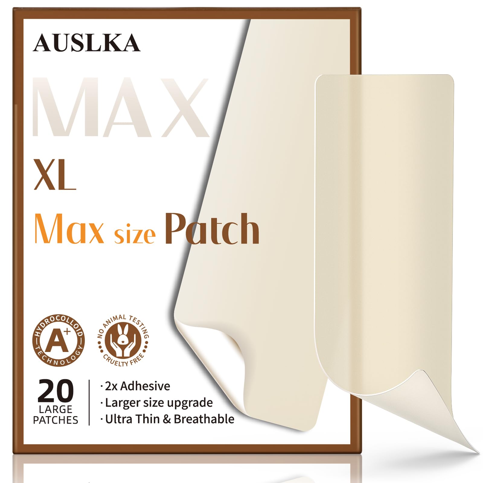AUSLKA pack front view showing 20 large hydrocolloid patches for broad coverage