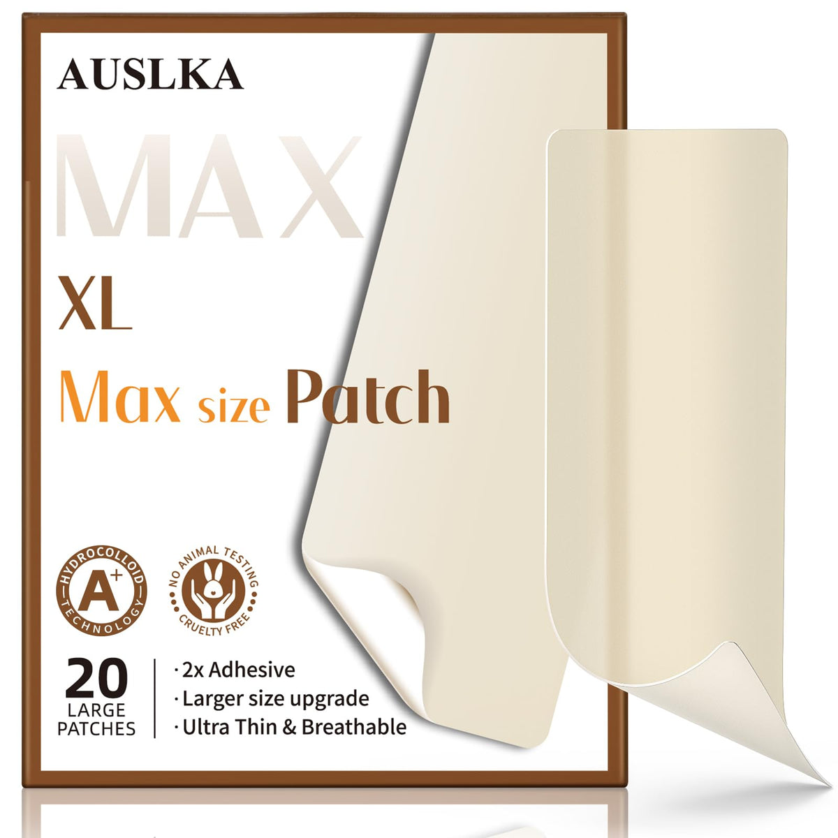 AUSLKA pack front view showing 20 large hydrocolloid patches for broad coverage