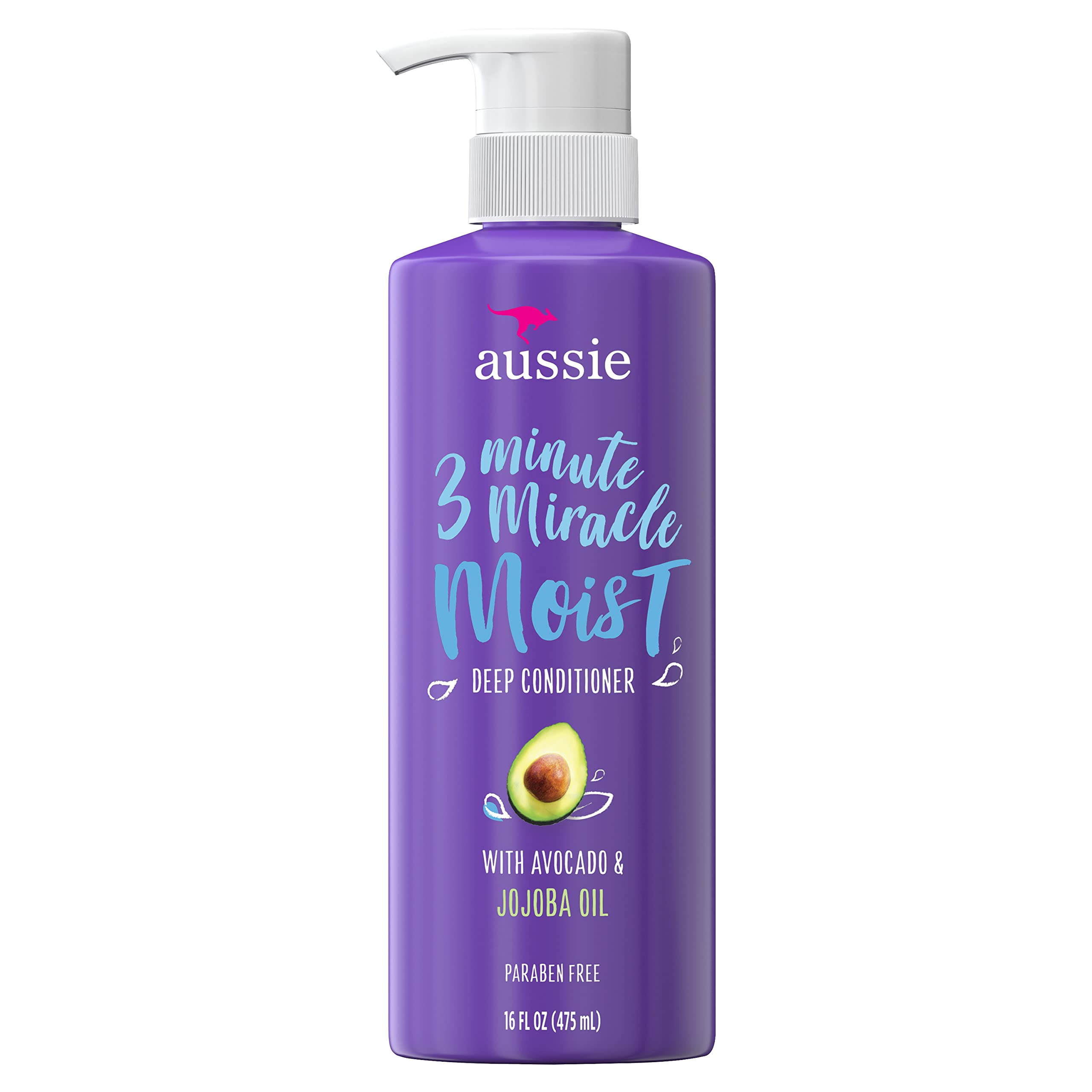 Aussie bottle front view showing label and moisturizing treatment benefits