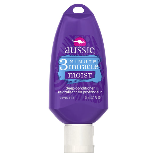 Aussie 3 Minute Miracle Moist front packaging showing product and travel size benefit