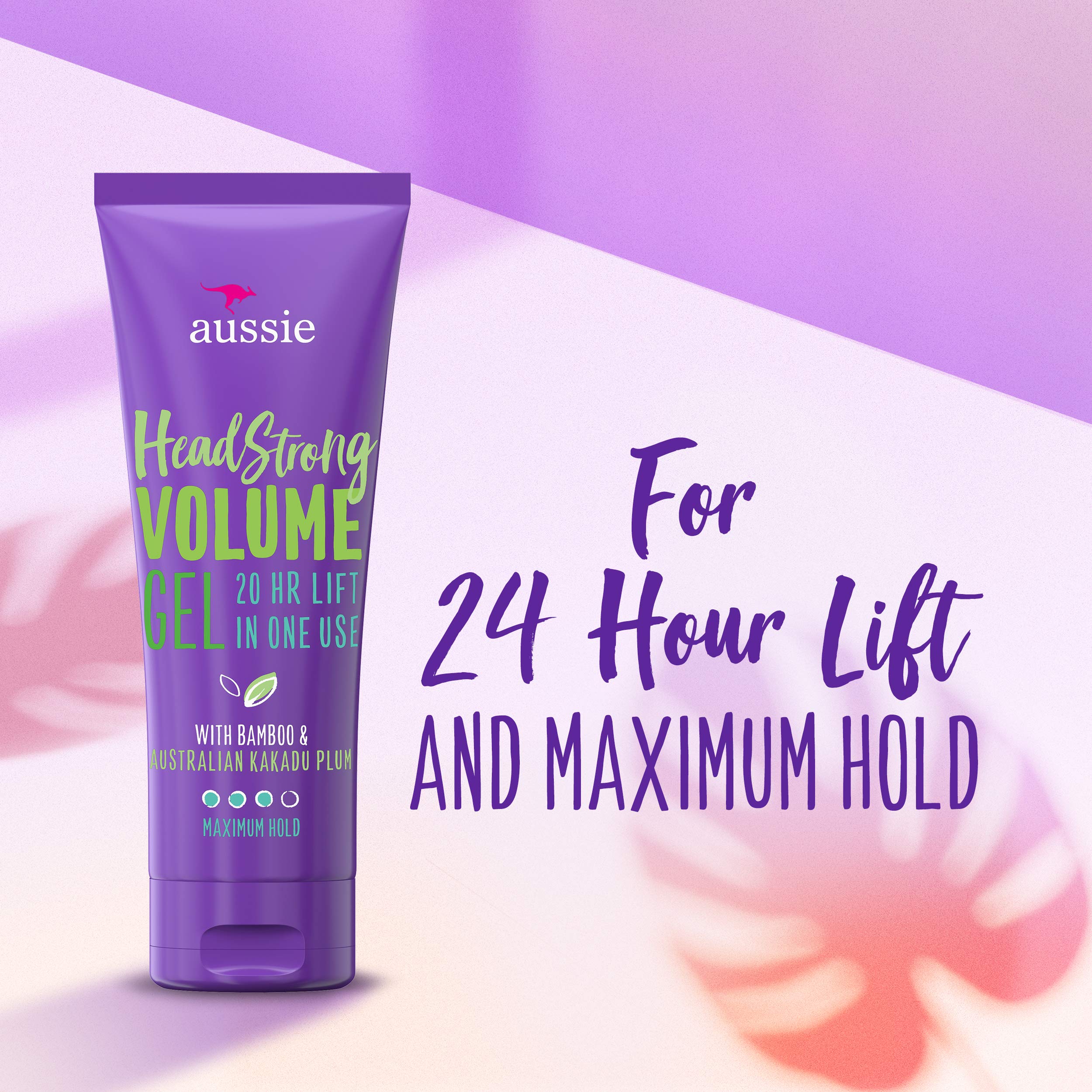Aussie Headstrong gel in hand to show 7 oz size and travel-friendly scale