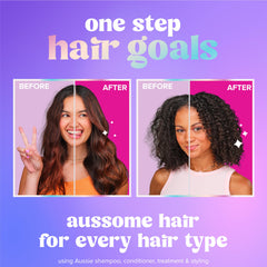 Aussie in-shower usage on wet hair, demonstrating mask application and detangling