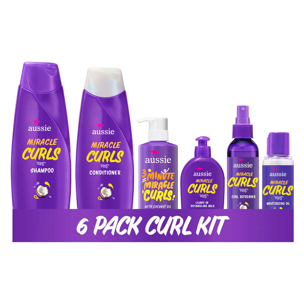 Aussie Miracle Curls front packaging showing full six-piece kit for complete curl routine
